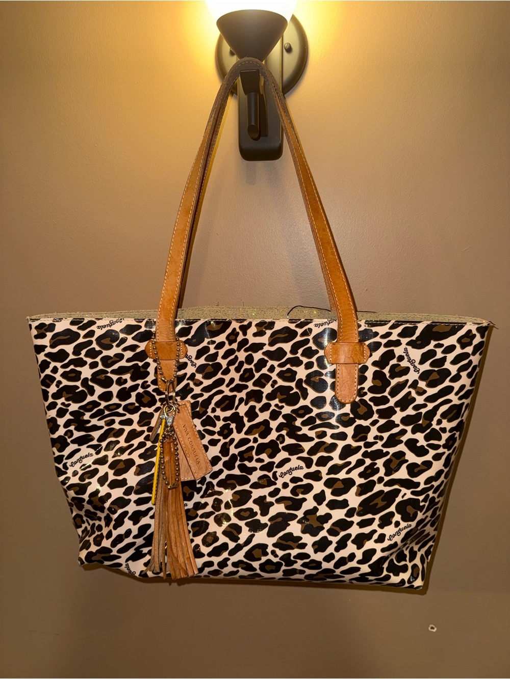 Leopard-Print Tote with Leather Handels/Accents and Blue & Glittery Interior